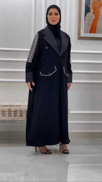 Black Crepe Blazer Abaya with Embroidery IB251